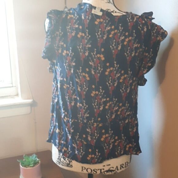 💫💫💫ANTHROPOLOGIE ODILLE BLUE FLORAL COWLNECK RUFFLE CAP SLEEVE TOP XS - Picture 5 of 5